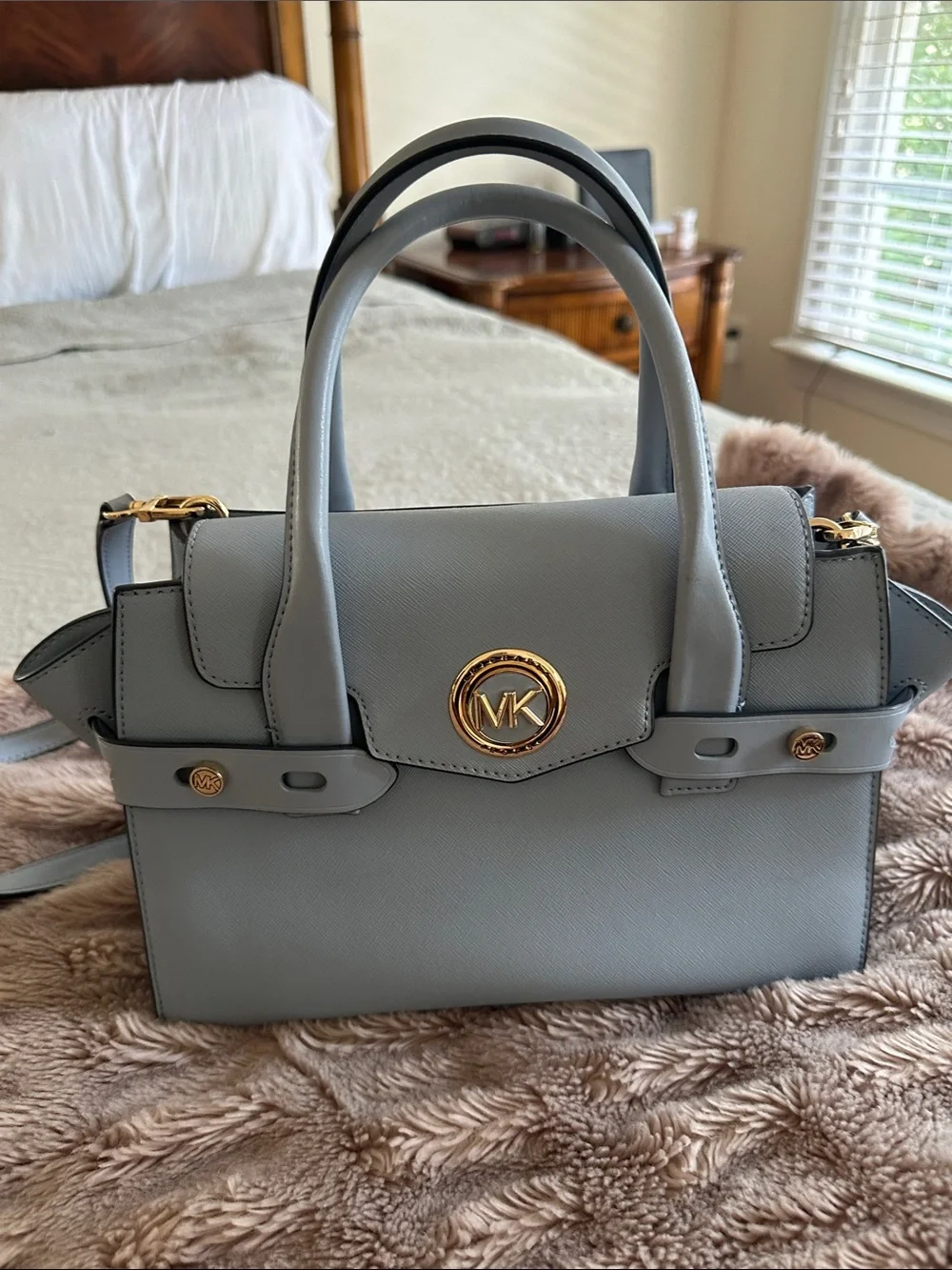 Michael Kors Powder Blue Saffiano Leather Satchel with Gold Hardware